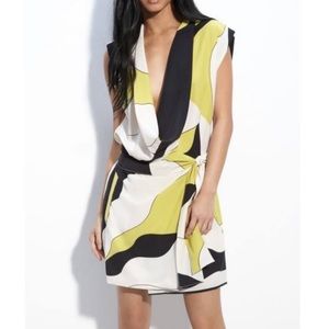 Diane Von Furstenburg Abstract Yellow, Black and White Cowl Neck Silk Dress